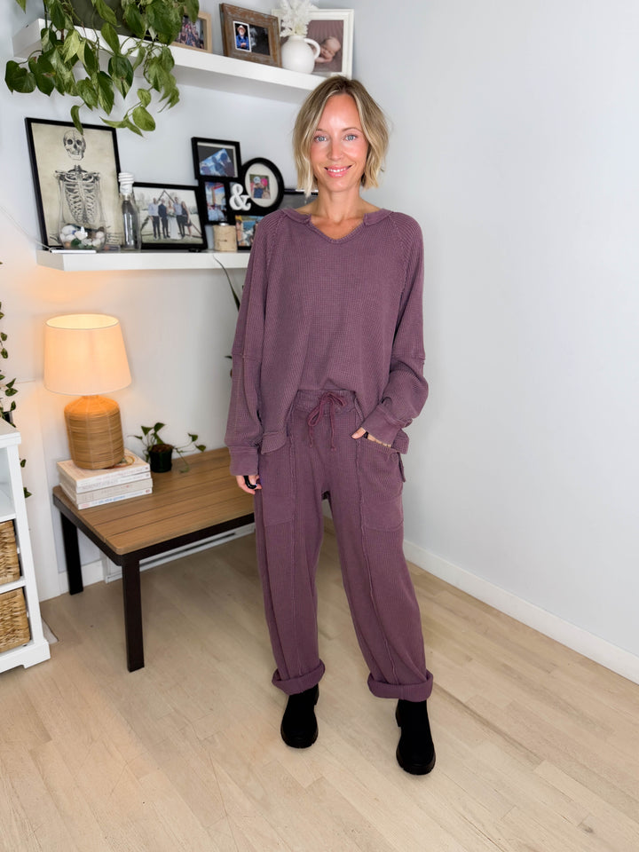 Jade Waffle Long Sleeve and Barrel Pant Set- DARK CHERRY