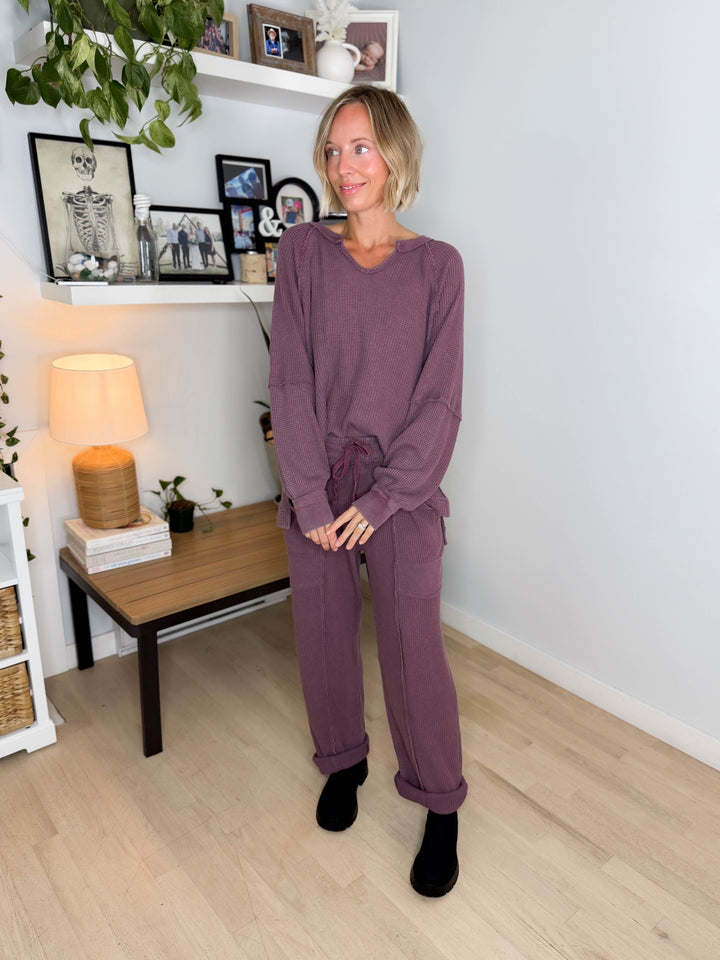 Jade Waffle Long Sleeve and Barrel Pant Set- DARK CHERRY