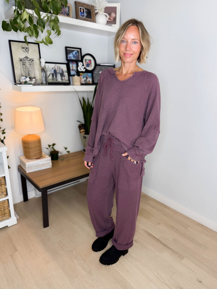 Jade Waffle Long Sleeve and Barrel Pant Set- DARK CHERRY