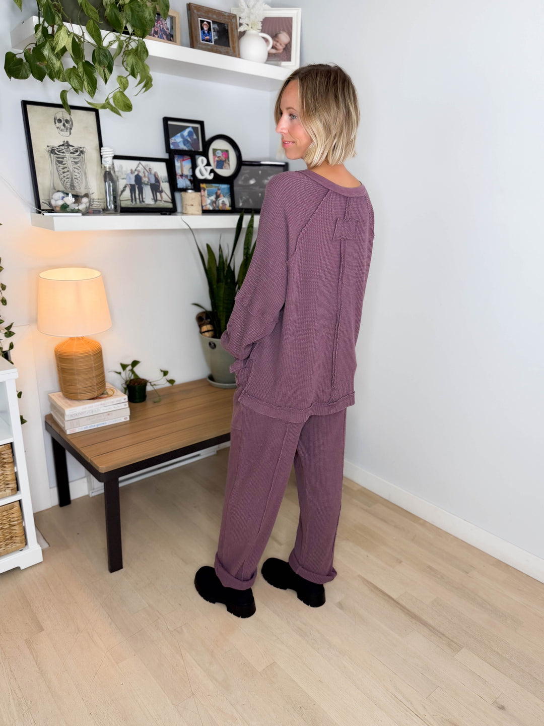 Jade Waffle Long Sleeve and Barrel Pant Set- DARK CHERRY