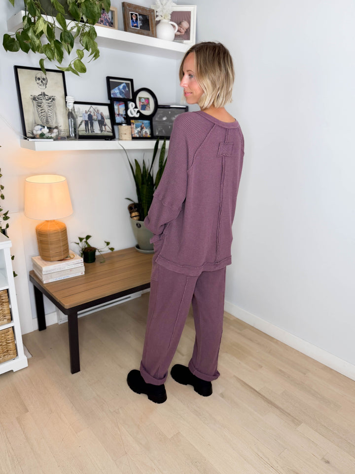 Jade Waffle Long Sleeve and Barrel Pant Set- DARK CHERRY