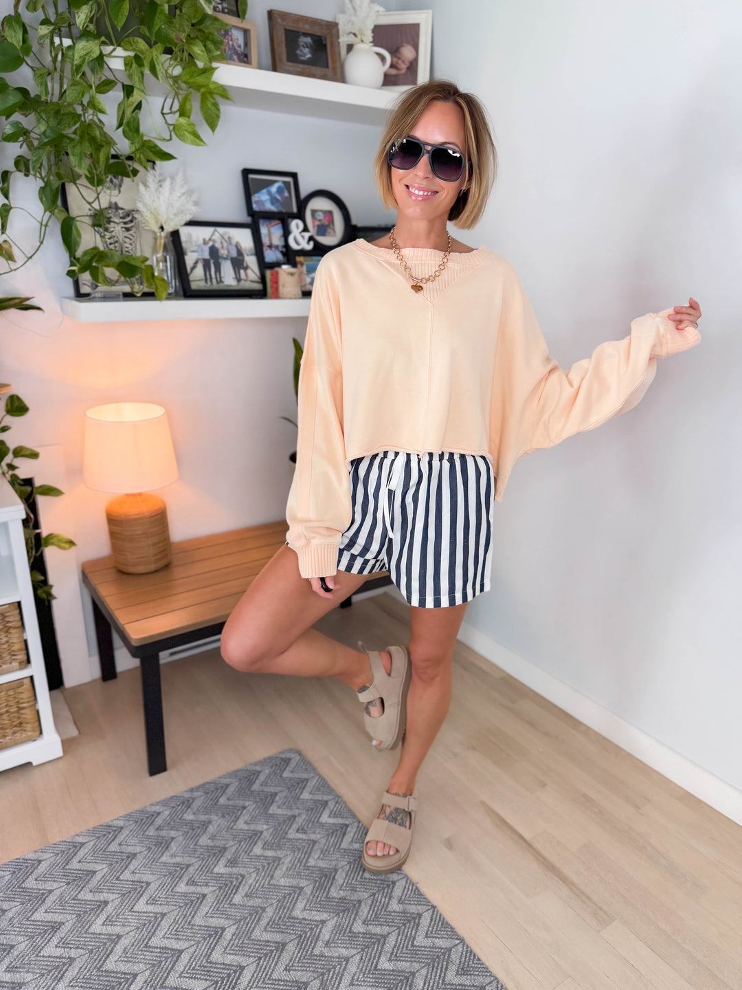 Heather French Terry Crop Sweater- PEACH