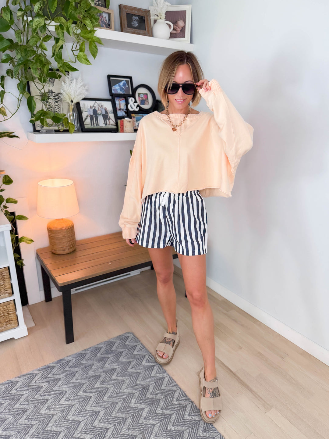 Heather French Terry Crop Sweater- PEACH