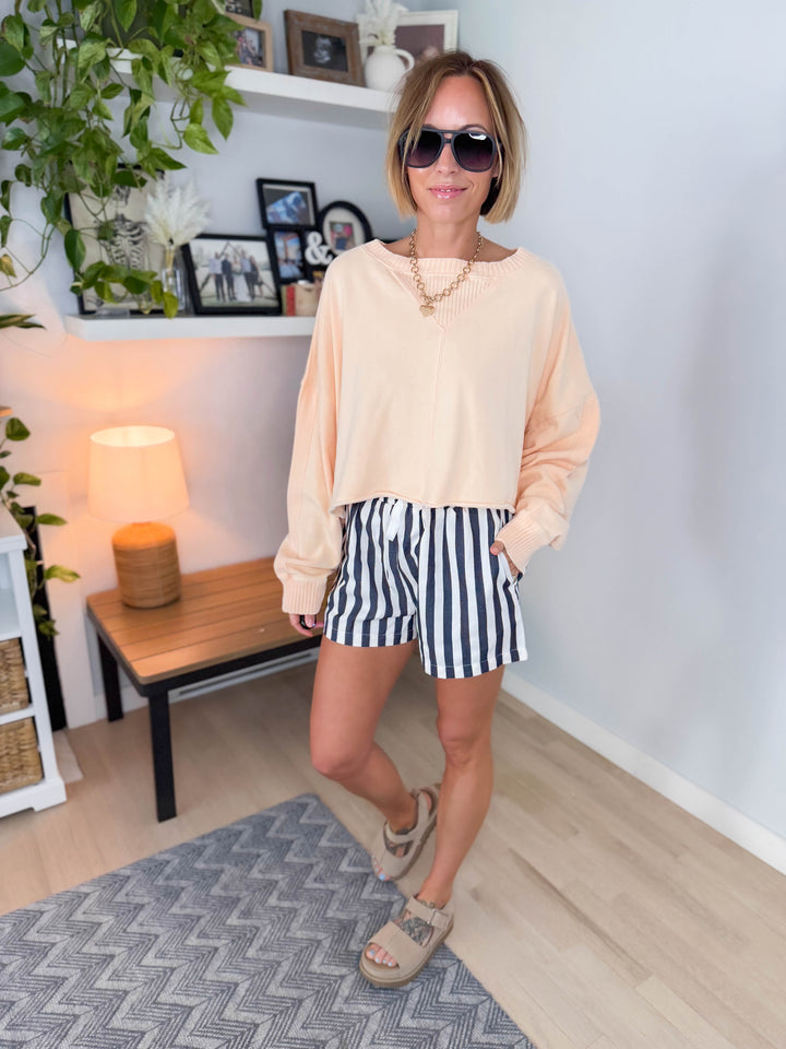Heather French Terry Crop Sweater- PEACH