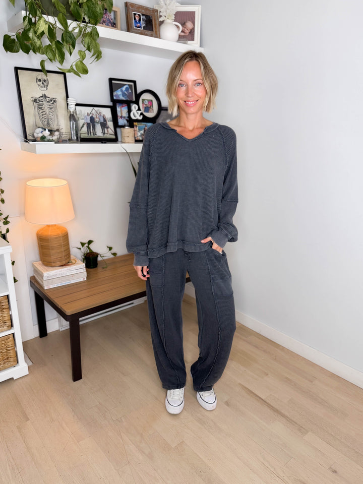 Jade Waffle Long Sleeve and Barrel Pant Set- BLACK