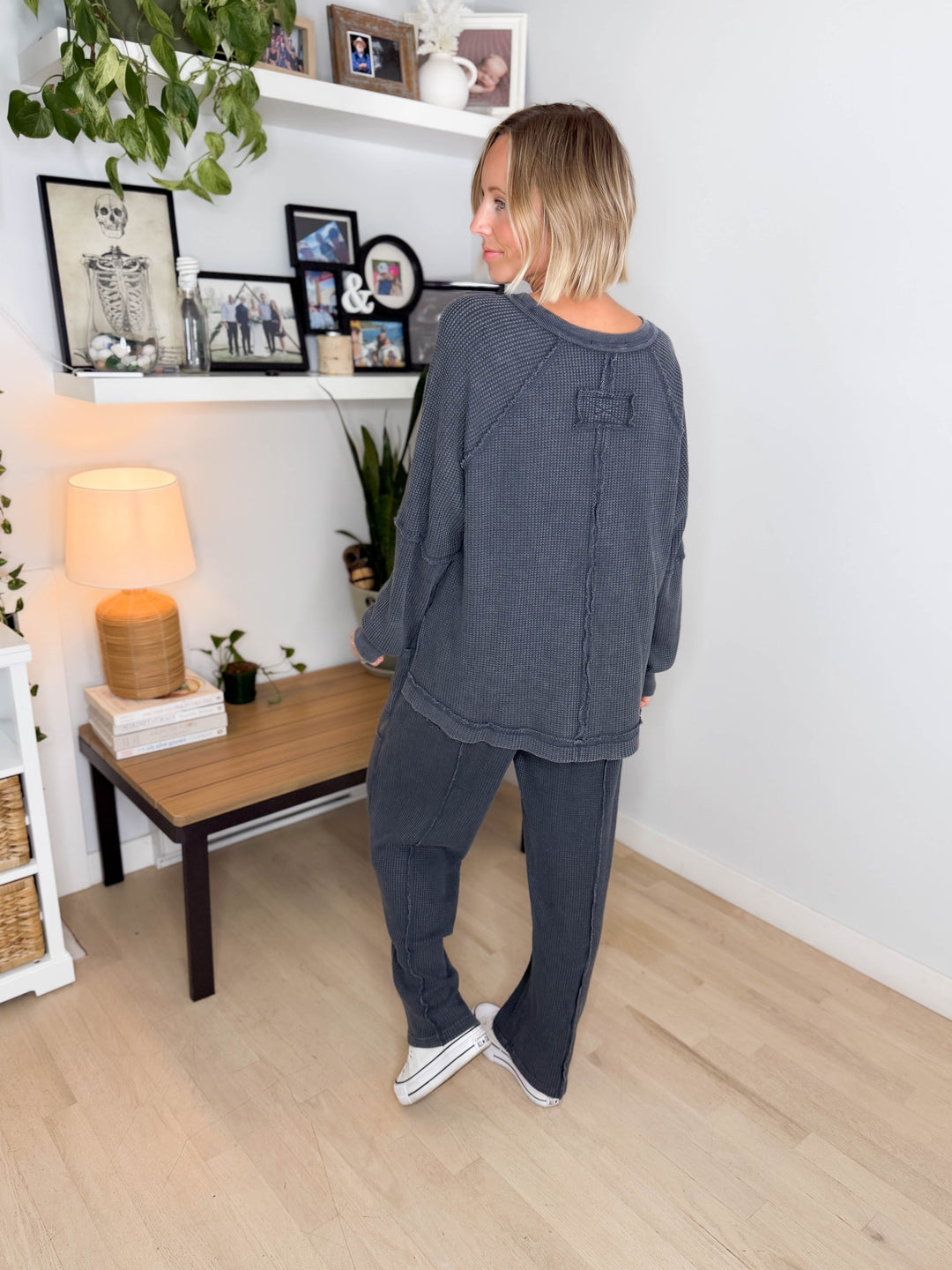 Jade Waffle Long Sleeve and Barrel Pant Set- BLACK