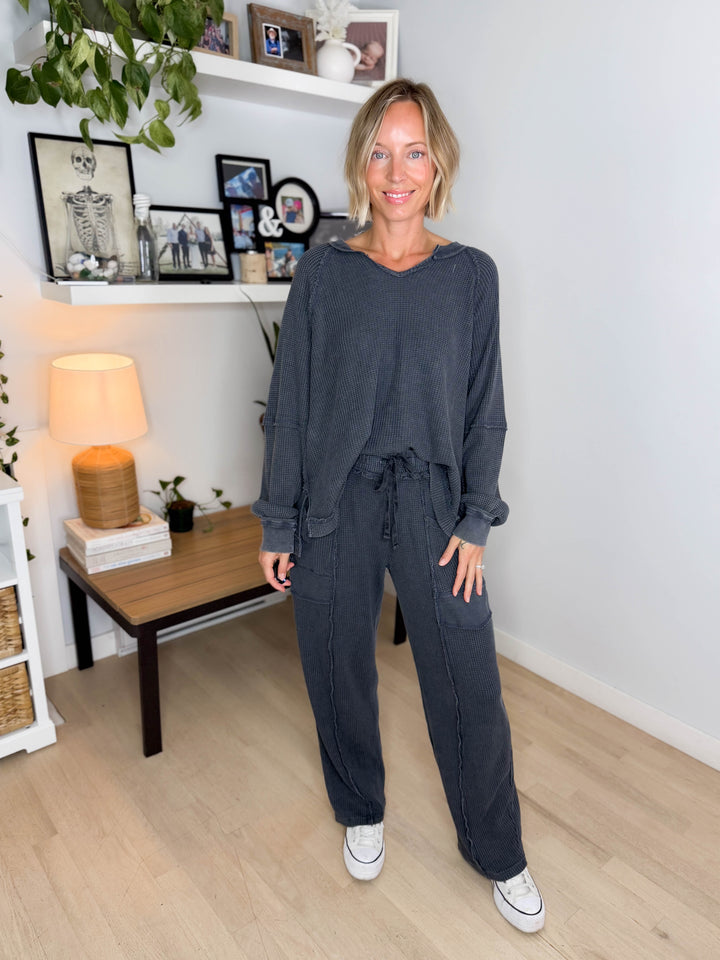 Jade Waffle Long Sleeve and Barrel Pant Set- BLACK