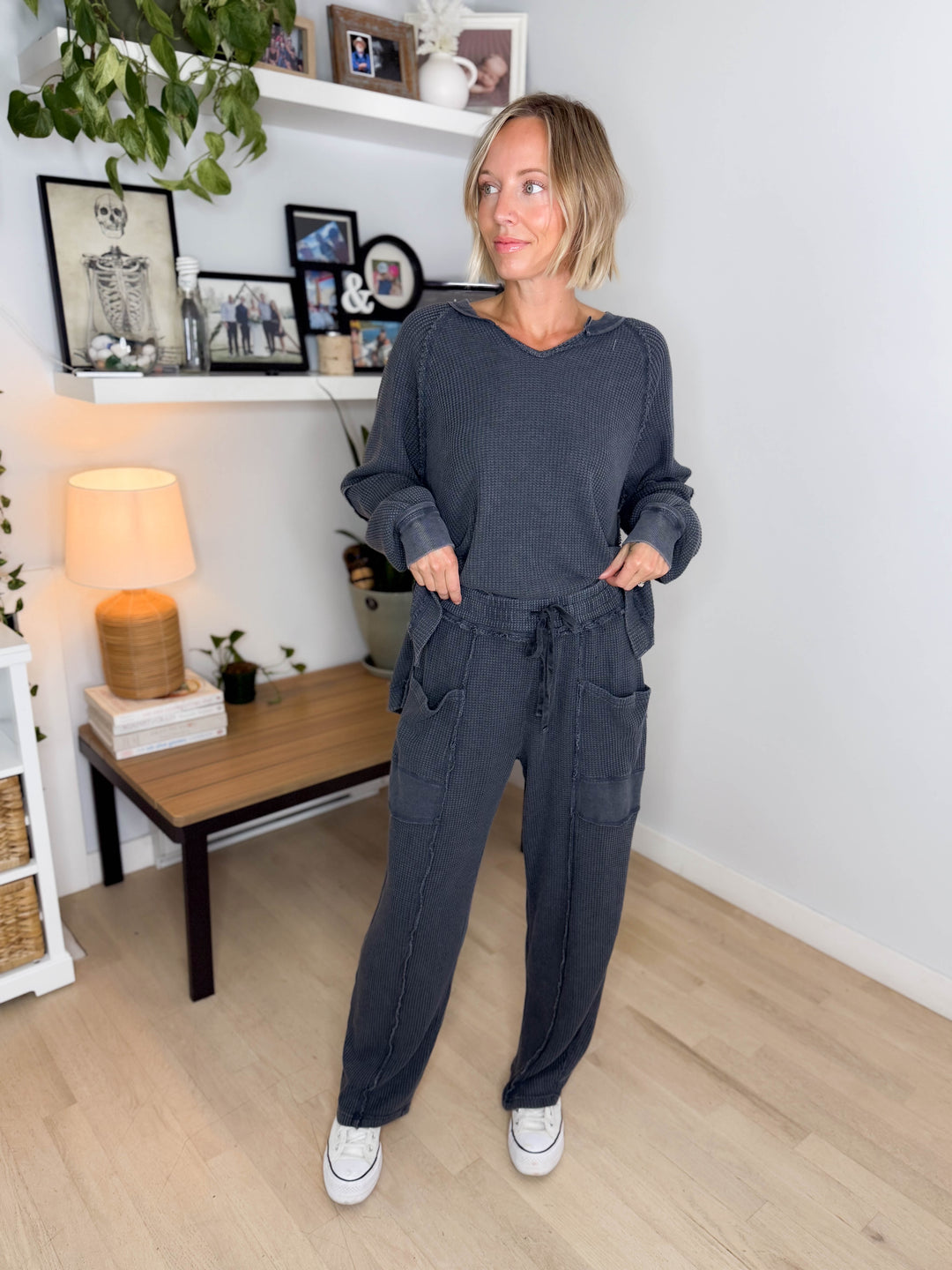 Jade Waffle Long Sleeve and Barrel Pant Set- BLACK
