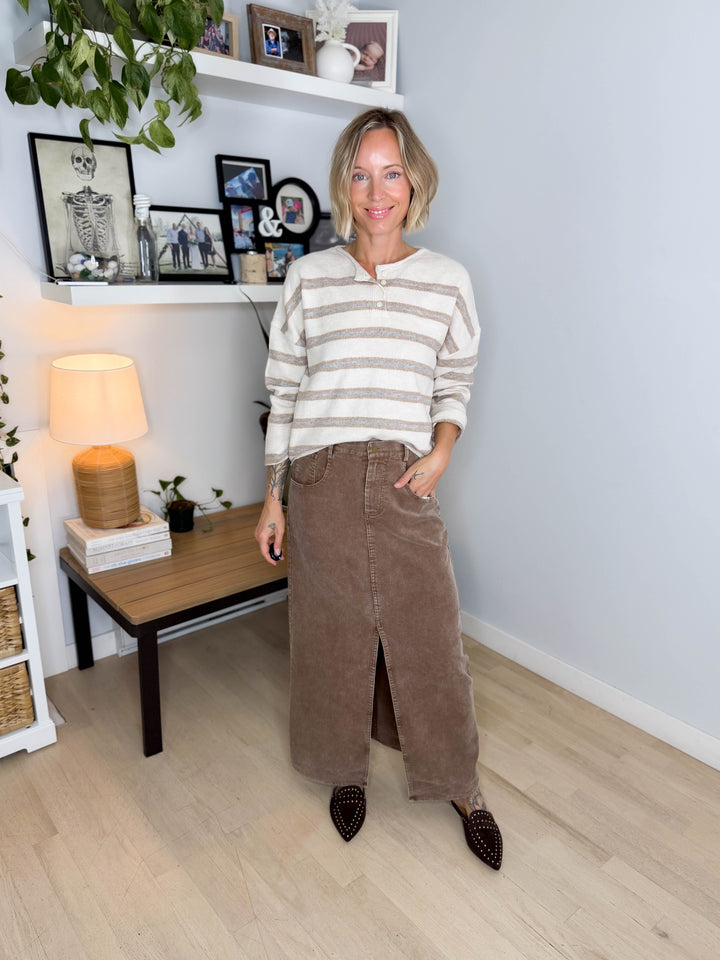 Finley Stripe Henley Sweater- OATMEAL