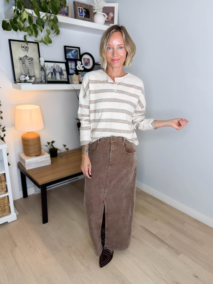 Finley Stripe Henley Sweater- OATMEAL