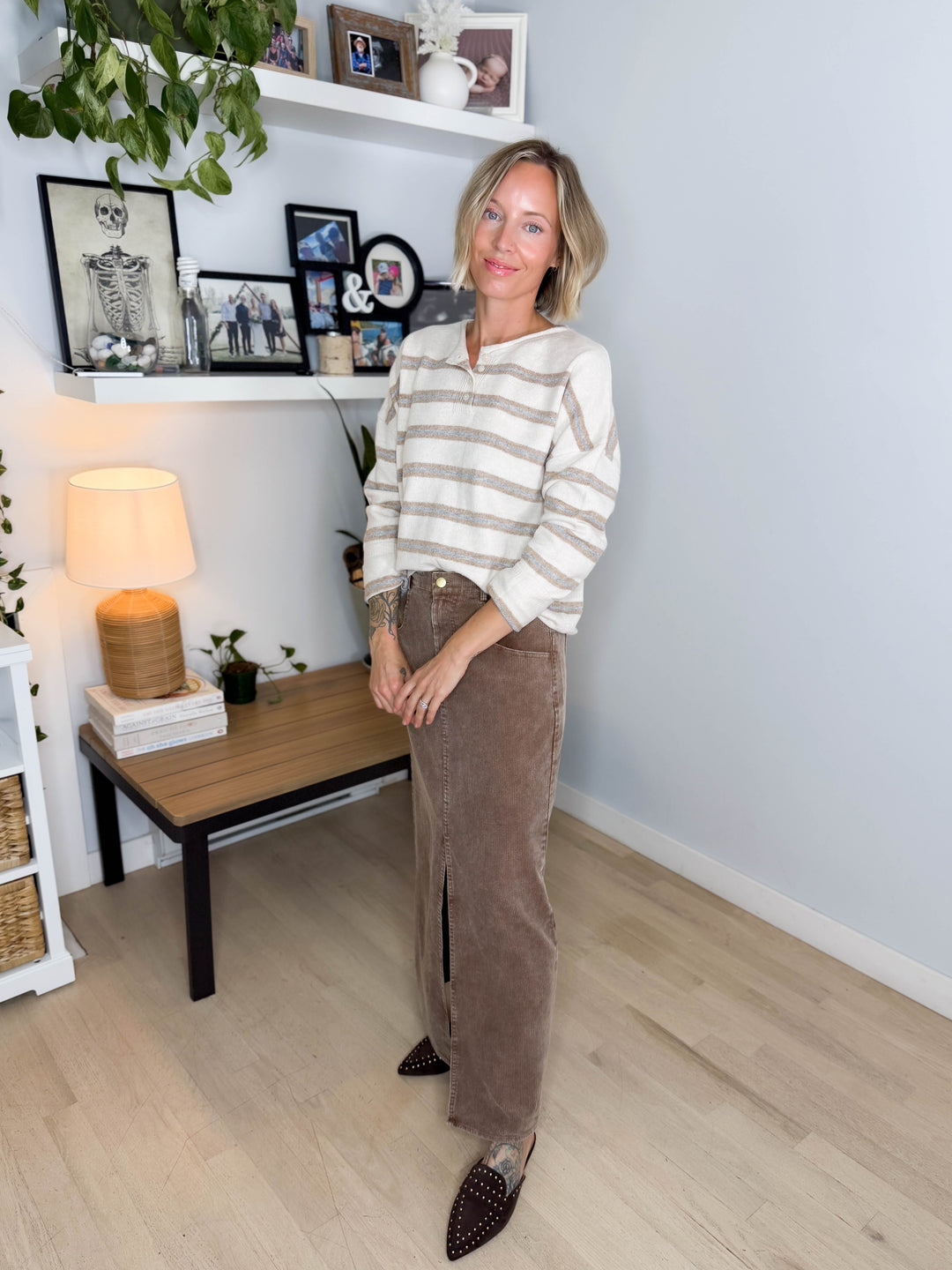 Finley Stripe Henley Sweater- OATMEAL