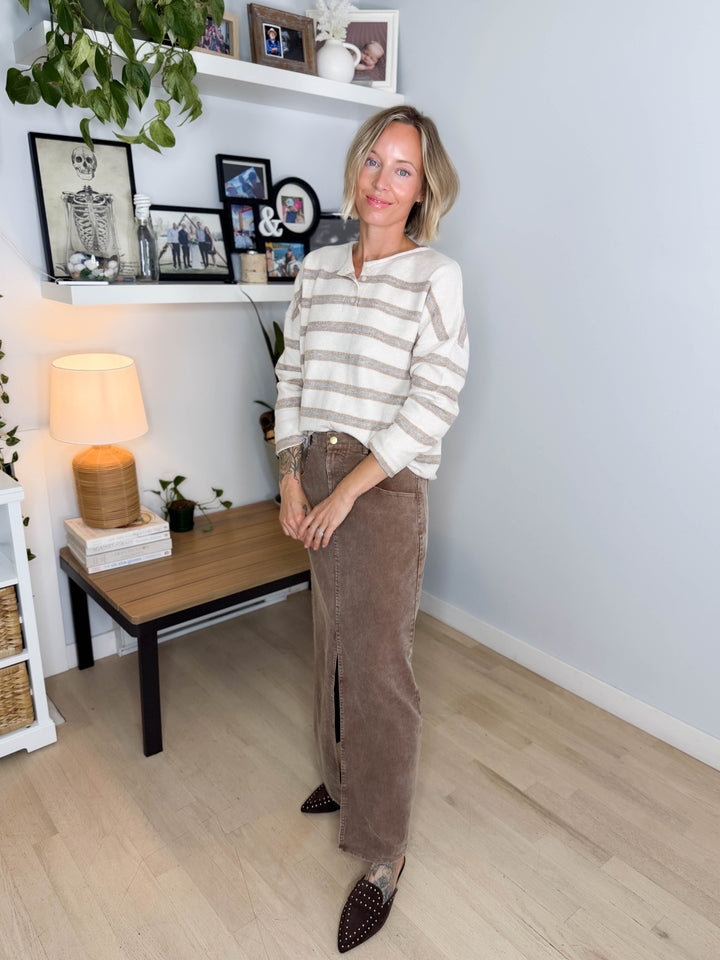 Finley Stripe Henley Sweater- OATMEAL