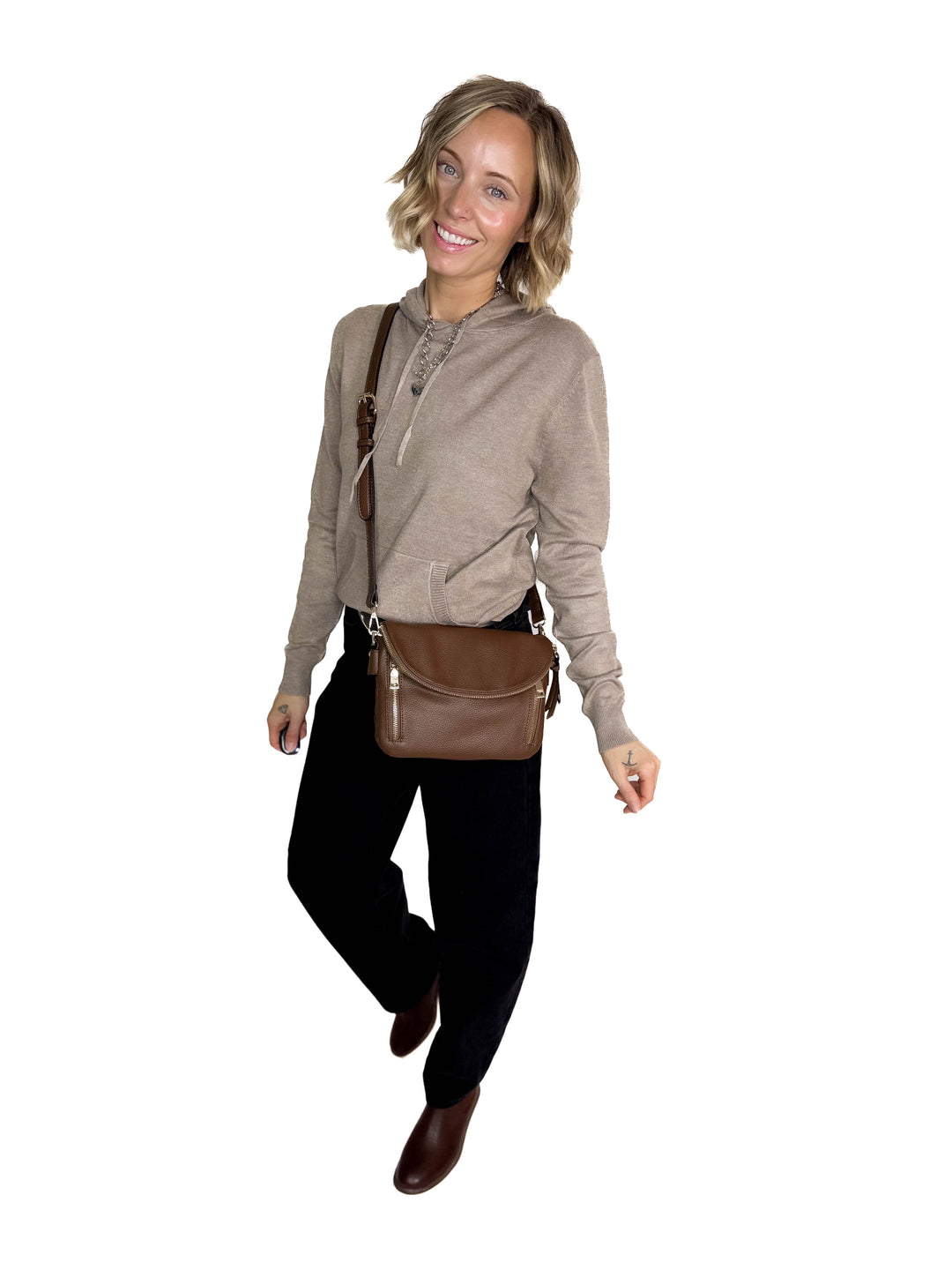 Aubree Flapover Crossbody Bag- BROWN