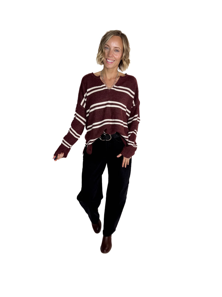 Kailey Notch Neck Striped Knit Sweater- CHESTNUT-FINAL SALE