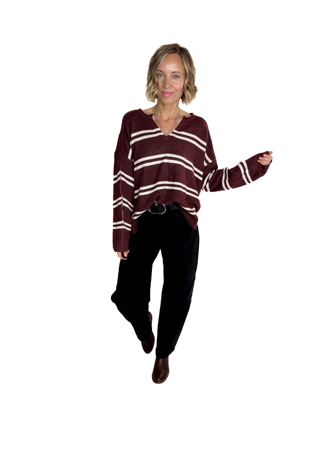 Kailey Notch Neck Striped Knit Sweater- CHESTNUT-FINAL SALE