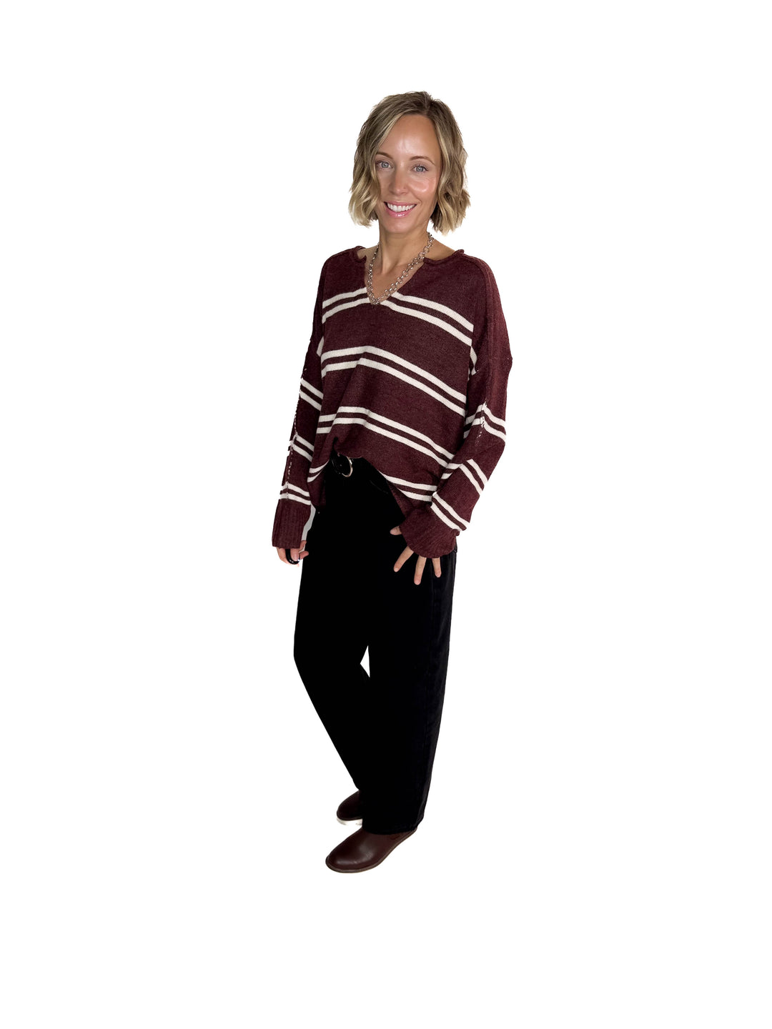 Kailey Notch Neck Striped Knit Sweater- CHESTNUT-FINAL SALE