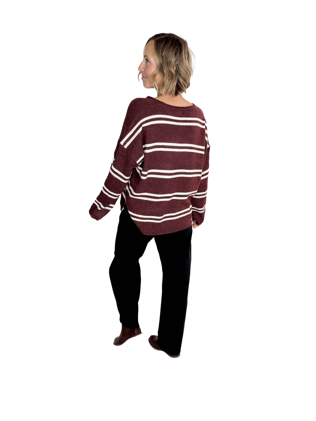 Kailey Notch Neck Striped Knit Sweater- CHESTNUT-FINAL SALE