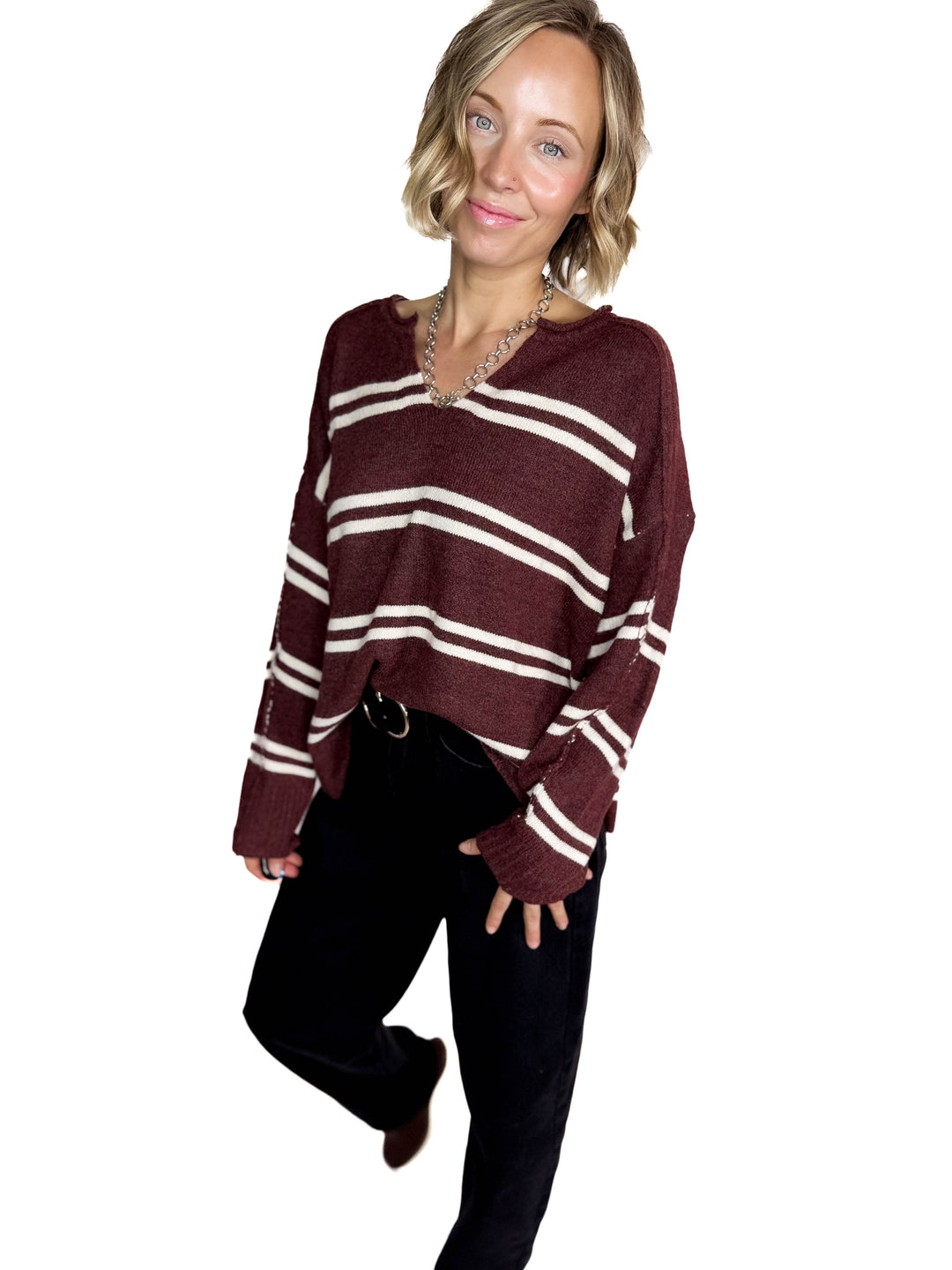 Kailey Notch Neck Striped Knit Sweater- CHESTNUT-FINAL SALE