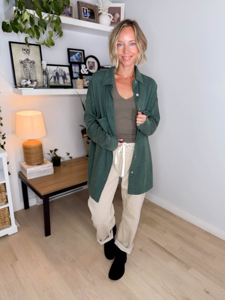 Darla Oversized Washed Soft Button Shacket- PINE GREEN