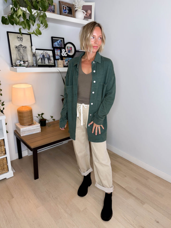 Darla Oversized Washed Soft Button Shacket- PINE GREEN