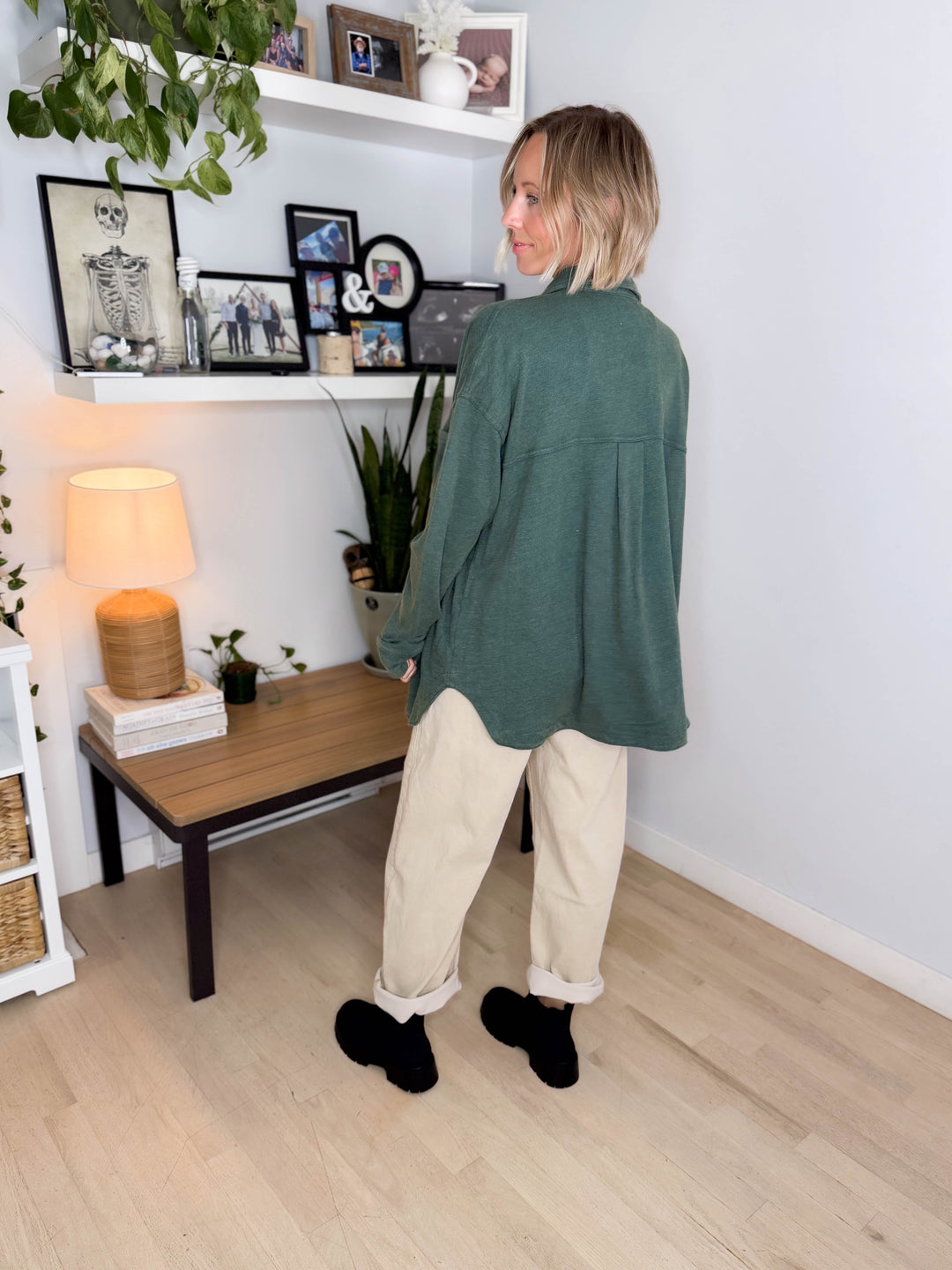 Darla Oversized Washed Soft Button Shacket- PINE GREEN