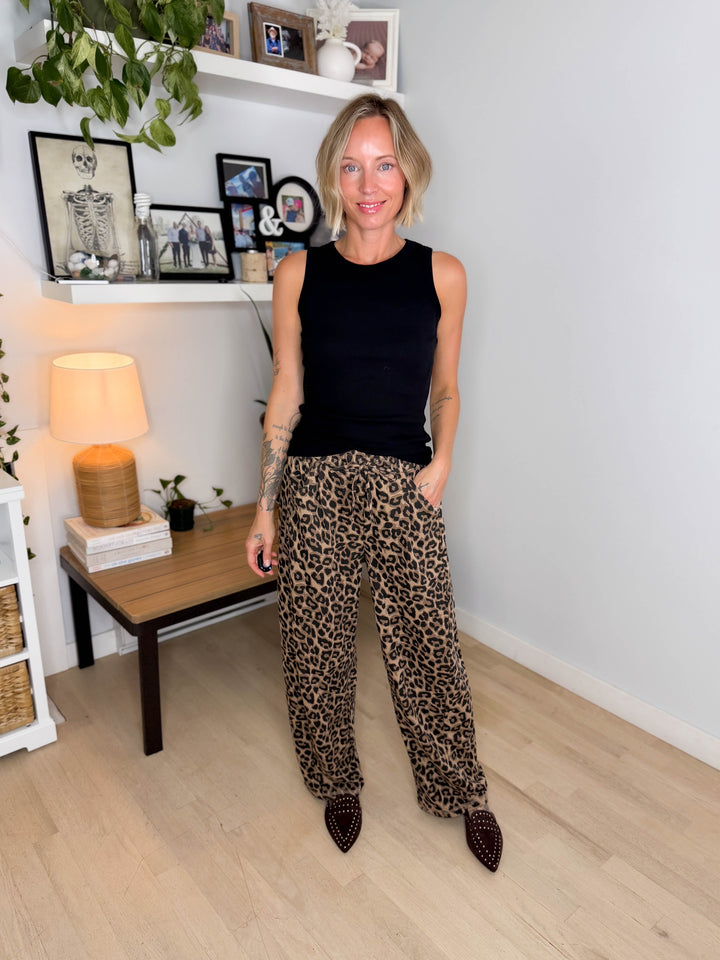 Addie Leopard Cotton Blend Barrel Jogger- TAUPE/LEOPARD