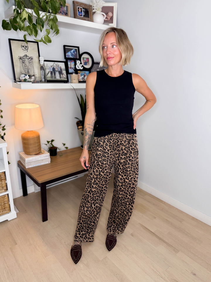Addie Leopard Cotton Blend Barrel Jogger- TAUPE/LEOPARD
