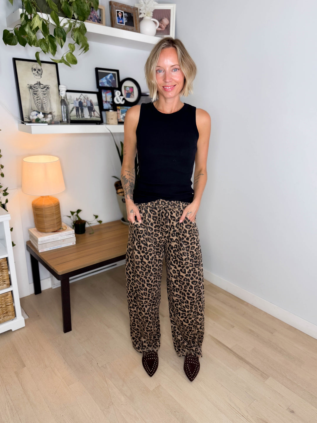 Addie Leopard Cotton Blend Barrel Jogger- TAUPE/LEOPARD