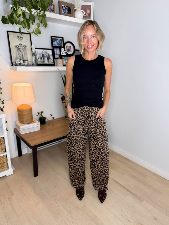 Addie Leopard Cotton Blend Barrel Jogger- TAUPE/LEOPARD