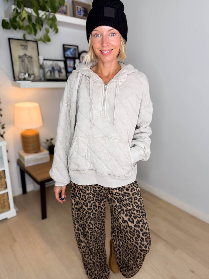 Sheri Quilted Quarter Zip Hoodie- BEIGE TAUPE