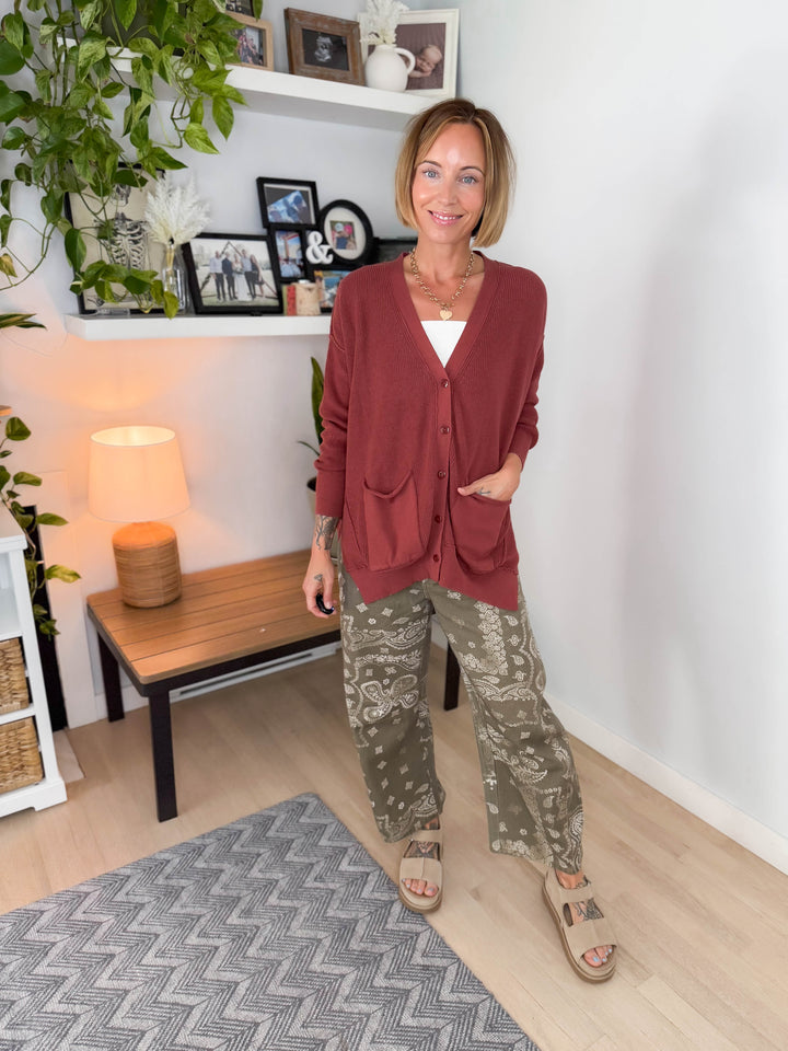 Charm Slouchy Button Cardigan-  REDWOOD