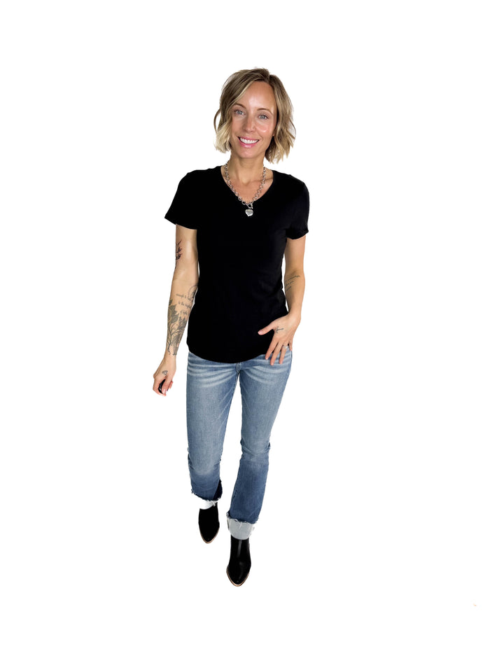 Alder Stretch Cotton V-Neck Tee- BLACK