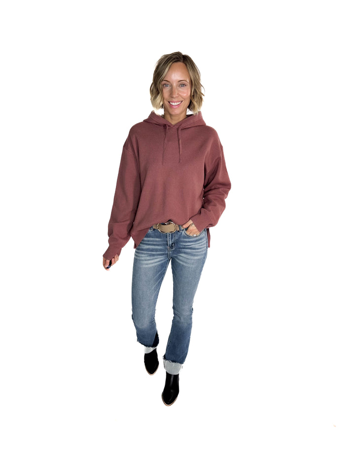 Dahlia Hooded Sweater With Side Slits- RED BEAN