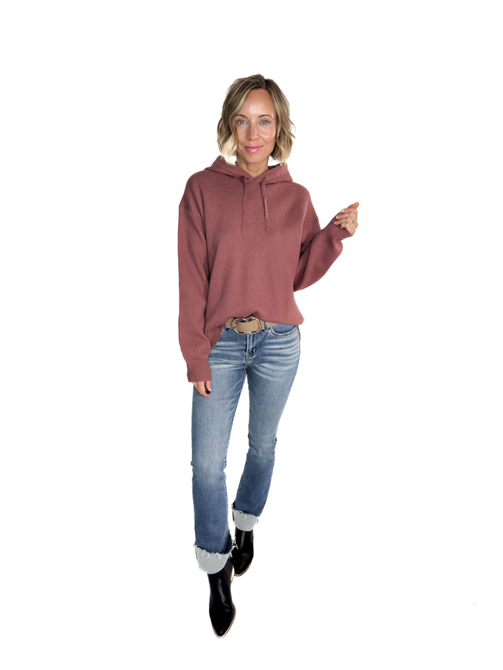 Dahlia Hooded Sweater With Side Slits- RED BEAN