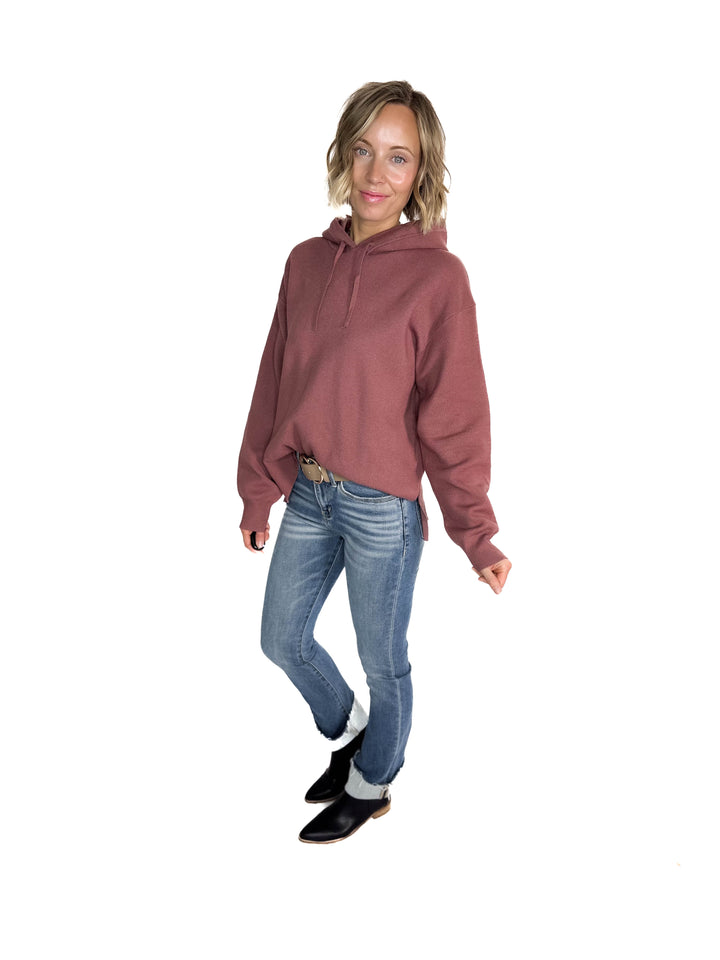 Dahlia Hooded Sweater With Side Slits- RED BEAN