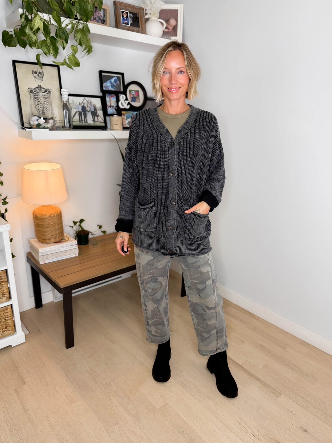 Darcy Washed Cotton Cardigan- BLACK