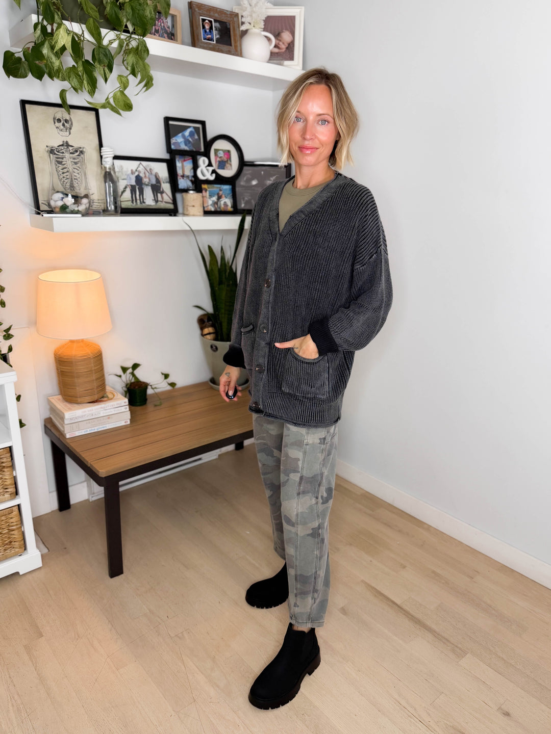 Darcy Washed Cotton Cardigan- BLACK
