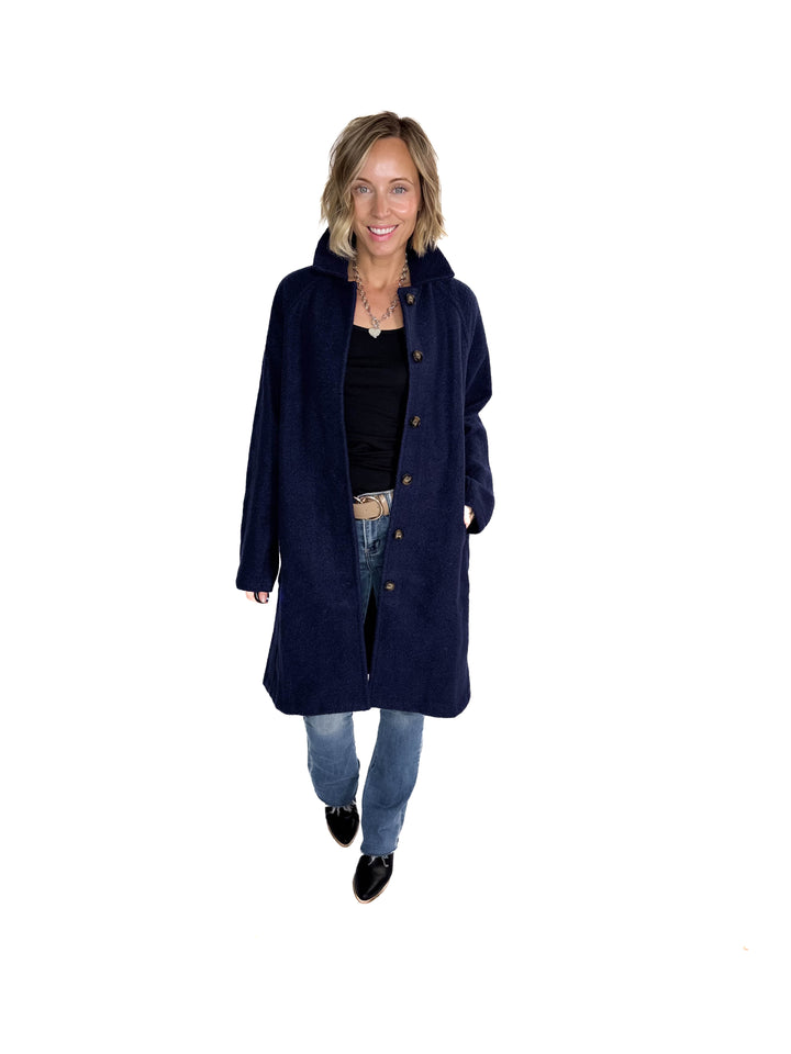 Frosty Boucle Long Button Coat- NAVY