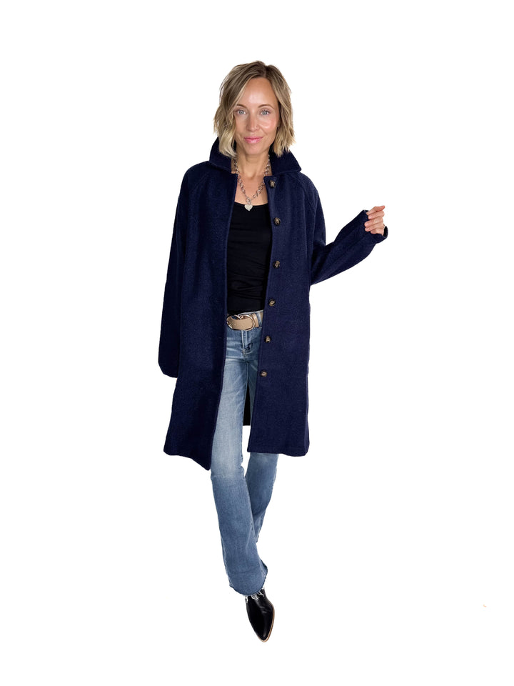 Frosty Boucle Long Button Coat- NAVY