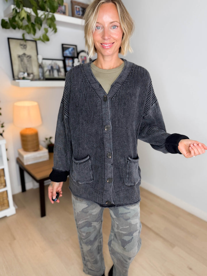 Darcy Washed Cotton Cardigan- BLACK