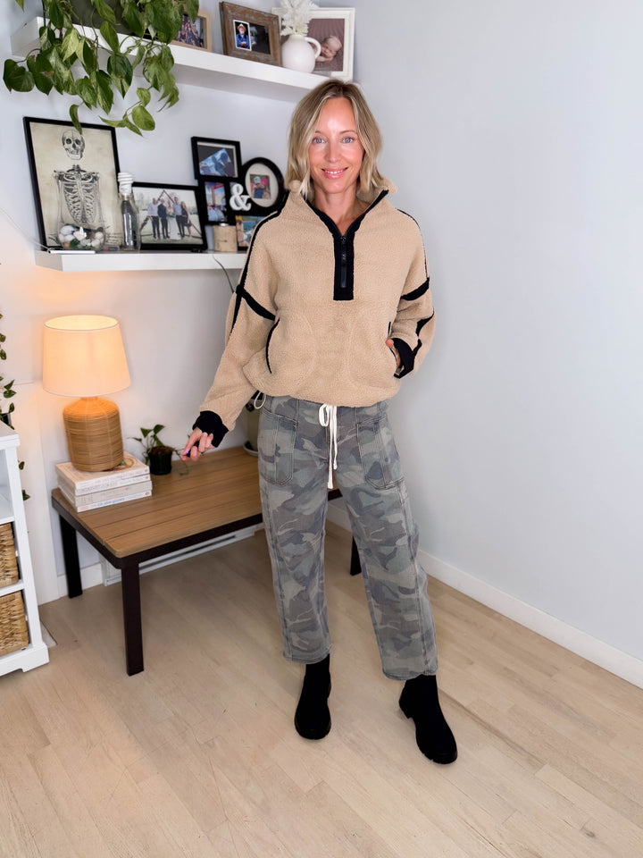 Justina Half Zip Sherpa Fleece Pullover- TAN