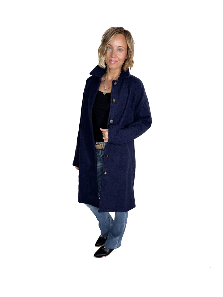 Frosty Boucle Long Button Coat- NAVY