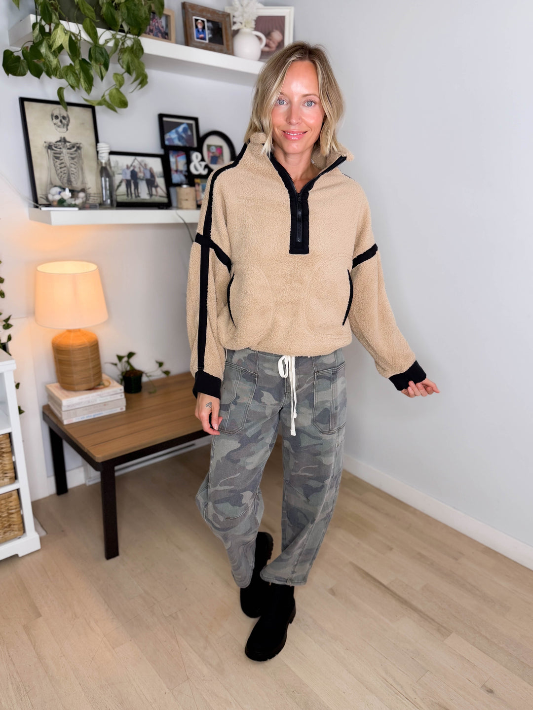 Justina Half Zip Sherpa Fleece Pullover- TAN