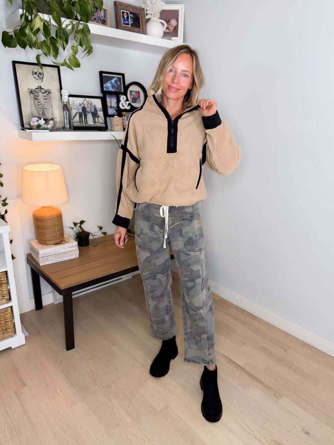 Justina Half Zip Sherpa Fleece Pullover- TAN