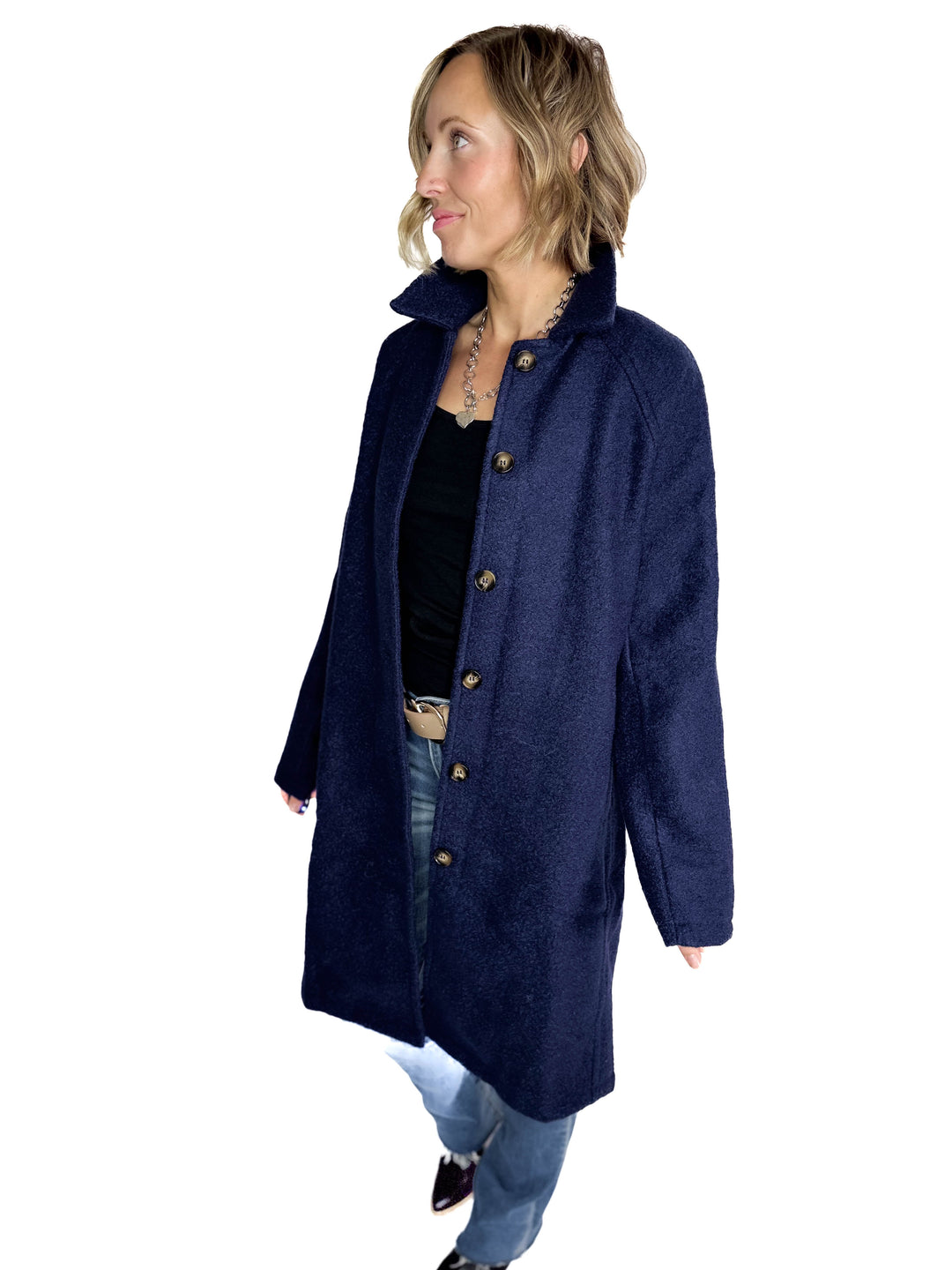 Frosty Boucle Long Button Coat- NAVY