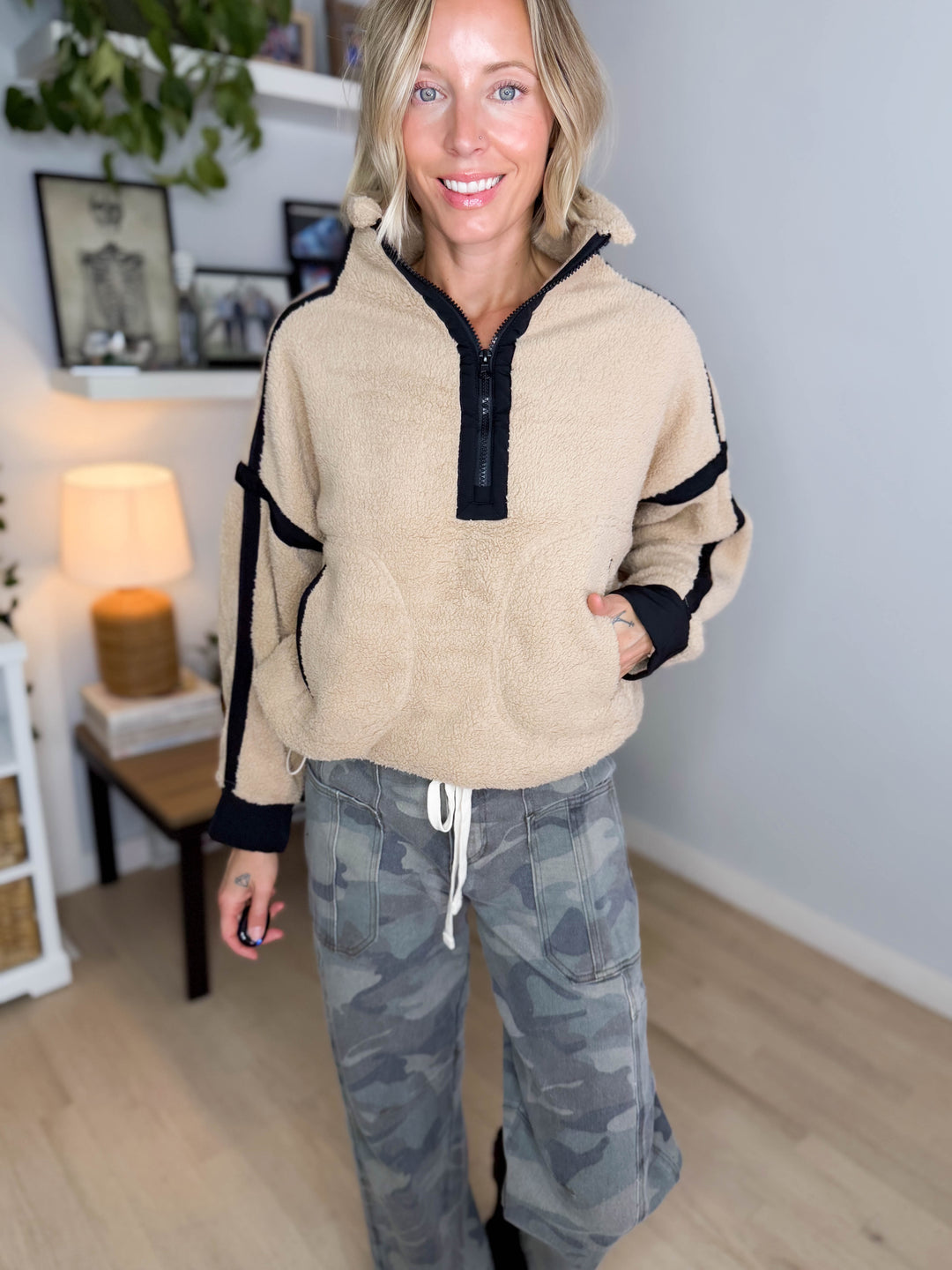 Justina Half Zip Sherpa Fleece Pullover- TAN