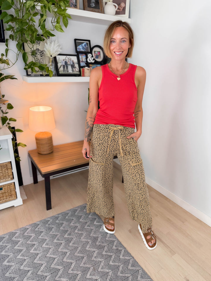 Ellie Cheetah Cotton Wide Leg Pant- CAMEL