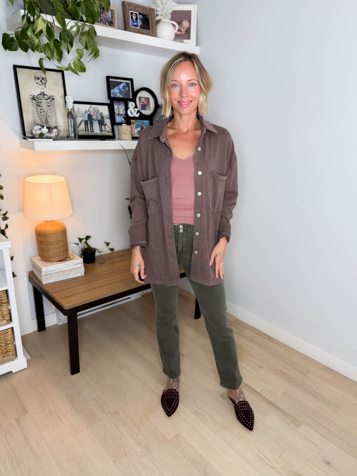 Darla Oversized Washed Soft Button  Shacket- BROWN