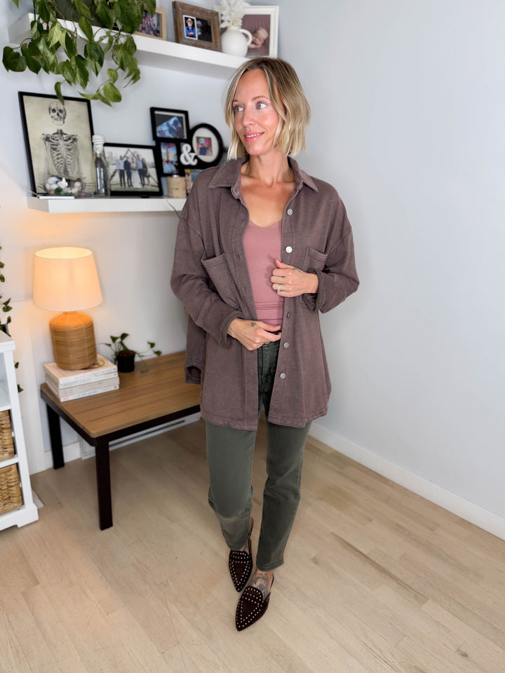 Darla Oversized Washed Soft Button  Shacket- BROWN