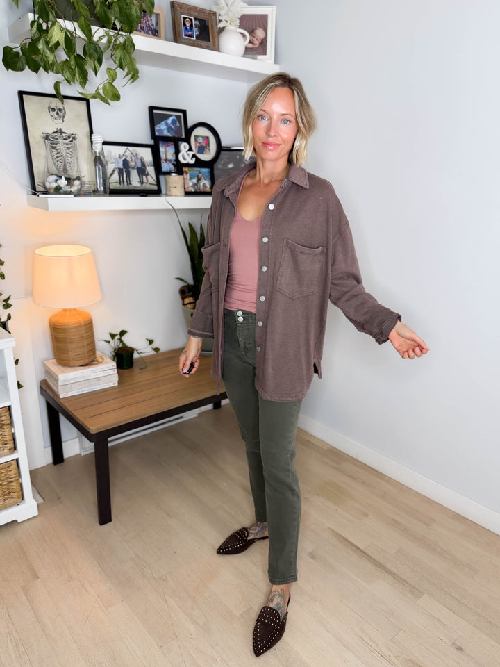 Darla Oversized Washed Soft Button  Shacket- BROWN